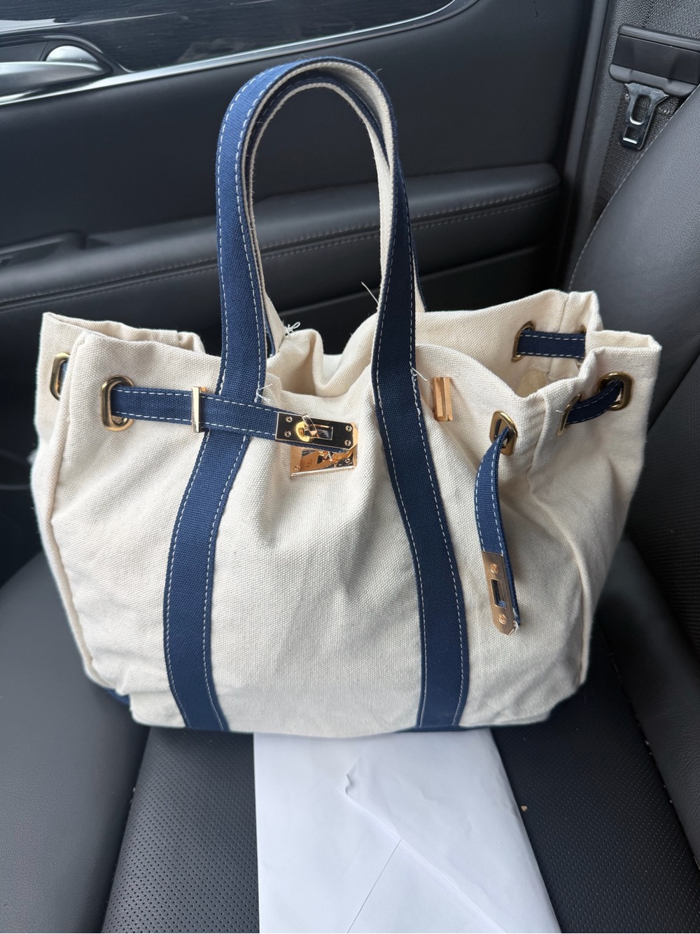 Canvas Drawstring Tote with Navy Trim